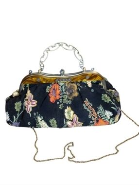 Vintage Floral Beaded Embroidered Metal Handle Corduroy Frame Clutch Evening Bag